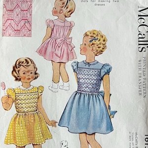 1950s Pattern McCall's 1615 - Heirloom Smocked Dress - Puff Sleeves, Peter Pan Collar, Back Sash - Smocking Transfer - Girl's Size 6 - CUT