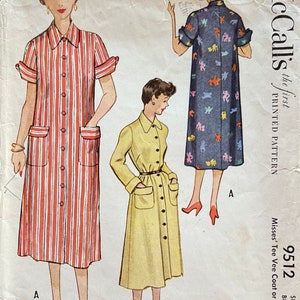 May include: Vintage McCall's sewing pattern for Misses' Tee Vee Coat or Dress, size 12, featuring three dress designs. The pattern envelope shows illustrations of the dresses: a striped dress, a yellow coat dress, and a blue dress with a colorful pattern.