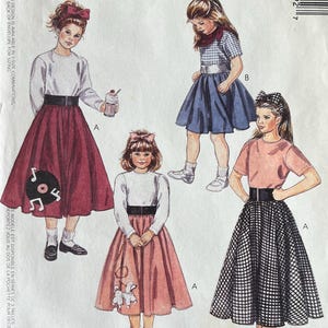 UNCUT Pattern McCall's 5439 - Girl’s Circle Skirts, T-Shirts, Scarf, Headband w/ Bow - Appliqués- Poodle, Jukebox Record - Sizes 4, 5, 6
