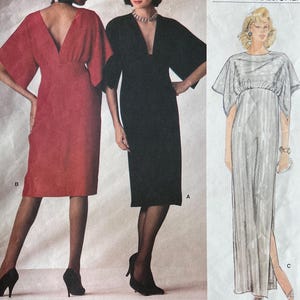 May include: A Vogue Patterns American Designer sewing pattern envelope for Adele Simpson design 1254. The cover features two photographs of dresses in red and black, and a sketch of a silver jumpsuit, all with kimono-style sleeves and deep necklines.