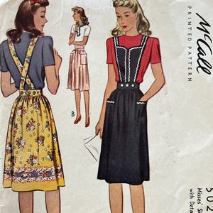 May include: Vintage McCall printed pattern for a misses' skirt with a detachable bib. The illustration shows two women wearing the skirt in different styles. The pattern is labeled "5027" and includes waist size 24.