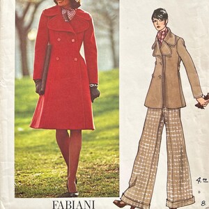 未裁断パターン 1970年代 ヴォーグ クチュリエ 2925 - ファビアーニ コート＆ワイドレッグパンツ - 大きな丸襟 - サイズ8、バスト31 1/2インチ