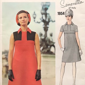 UNCUT 1960s Pattern Vogue Couturier Design 1954 - Simonetta Mod A-Line Mini Dress w/ Inset Bodice, Bi-Color, LABEL - Size 14, Bust 36”