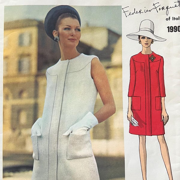 UNCUT 1960s Vogue Couturier Pattern 1990 - Federico Forquet Dress - Mod Slim Shift - Curved Yoke, Front Closure - Size 12, Bust 34"