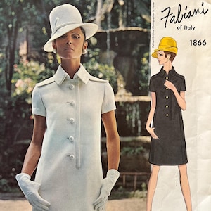UNCUT Vogue Couturier Design Pattern 1866 / Fabiani of Italy / Mod Button-Front Shift Dress / Epaulettes, Back Yoke / Size 8, Bust 31 1/2"