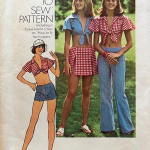 May include: A sewing pattern envelope for size 6, bust 30.5 inches, titled 'HOW TO SEW' PATTERN. It features illustrations and photographs of a tie-front crop top, a red and white gingham mini skirt, and blue flared trousers with a matching hat.