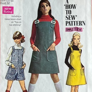 May include: Vintage Simplicity sewing pattern 7877 for young junior, teen, and misses sizes. The pattern features illustrations of mini-length dresses. Includes a tissue lesson-chart on top-stitching. Size 11/12, bust 32.