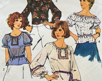 UNCUT 1970s Pattern Simplicity 6412 - Peasant Folk Tops & Tunic - Off Shoulder - Size Large (16 - 18) - Bust 36", 38"