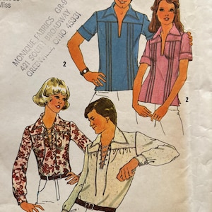 UNCUT 1970s Pattern Simplicity 6957 - Misses' Pullover Shirts, 2 Styles - Folk, Lace-Up Poet, Pin Tucks - Size 14, Bust 36"
