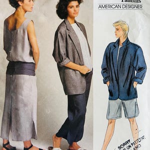 May include: Vogue Patterns American Designer Perry Ellis pattern 1522 featuring a sewing guide for a sleeveless dress, a blazer, trousers, and shorts. The envelope displays illustrations and photographs of the garments, including text: Sorry no returns on patterns Fabricland.