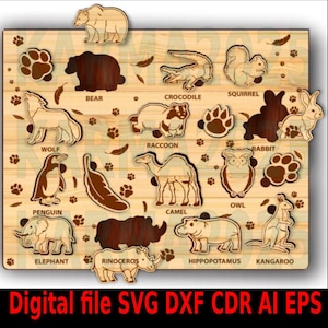 Set van 4 lasergesneden SVG DXF educatieve puzzel voor kinderen, puzzel SVG-ontwerp, lasergesneden speelgoed, game-design