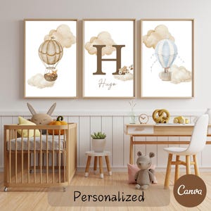Personalisierter Heißluftballon Druck, Blau und Brauner Heißluftballon Kinderzimmer Druck, 3er-Set, Junge Kinderzimmer Dekor, personalisierter Namensdruck