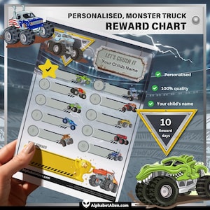 May include: A printable monster truck reward chart with a green monster truck on the bottom. The chart has 10 spaces to mark off days. The chart says "Let's Crush It" and has a space to write in a child's name.