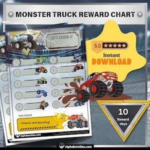 Puede incluir: Un gráfico de recompensas de camión monstruo imprimible con 10 espacios para pegatinas o sellos. El gráfico tiene un fondo amarillo con una imagen de camión monstruo y el texto "Let's Crush It". El gráfico también incluye un triángulo amarillo con el texto "10 Reward Days".