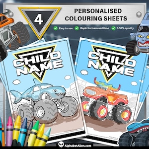 Op de afbeelding: Vier gepersonaliseerde kleurplaten met monstertrucks. De bladen zijn blauw en wit met de tekst "CHILD NAME" bovenaan. De monstertrucks zijn een blauwe haai, een oranje stier, een blauw monster en een rood monster.