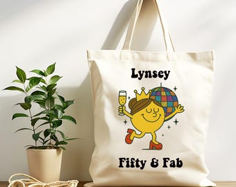 Personalised 50th Birthday Tote Bag - 50 & Fab Disco Design - Tracked UK Shipping