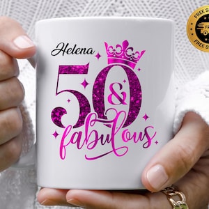 Personalised Ladies 50th Birthday Mug, 50 & Fabulous - Personalised Name Mug - Multiple Colour Choices - Fast Free Tracked UK Post!