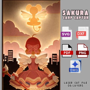 Può includere: Un'opera d'arte in carta a strati con un personaggio di "Sakura Card Captor". L'opera raffigura una ragazza in un vestito rosa con le ali, un bastone e una creatura fluttuante. Il testo "SAKURA CARD CAPTOR" è visibile, insieme alle icone dei tipi di file.