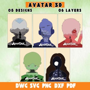 May include: A digital art print featuring five Avatar-themed designs. Each design showcases a character silhouette with detailed internal layers. The text "AVATAR" is at the bottom of each image. The top of the image reads "AVATAR 3D", "05 DESIGNS", and "06 LAYERS".