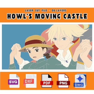 Puede incluir: Archivo de corte láser digital con personajes de El castillo ambulante. La imagen muestra dos personajes animados tomados de la mano, con el título "Howl's Moving Castle" en negrita. Incluye formatos de archivo SVG, DXF, PDF, PNG y DWG.