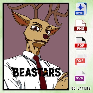 Puede incluir: Ilustración de un personaje parecido a un ciervo de la serie de anime "Beastars", con una camisa blanca y una corbata roja. La imagen incluye el texto "BEASTARS" e iconos de tipo de archivo para DWG, PNG, PDF, DXF y SVG. La imagen tiene 05 capas.