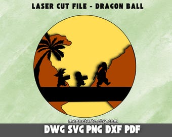 May include: A laser cut file design featuring a yellow sun, a palm tree, and three characters from the Dragon Ball anime series. The characters are walking across a black line. The text "maquetarte.etsy.com" is at the bottom of the design. The text "LASER CUT FILE - DRAGON BALL" is at the top of the design. The text "DWG SVG PNG DXF PDF" is at the bottom of the design.