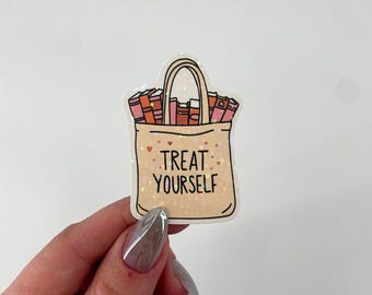 Reading Sticker | Holographic Treat Yourself Book Bag Sticker | Waterproof Kindle Planner | Vinyl Glitter Sticker | Fantasy Bookish Gift