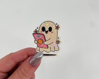 Reading Sticker | Holographic Bookish Girlie Ghost Sticker | Waterproof Kindle Planner | Vinyl Glitter Sticker | Fantasy Reader Bookish Gift