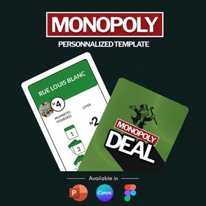 Może przedstawiać: Obraz promocyjny produktu z motywem Monopoly. Obraz przedstawia dwie karty do gry, jedną z napisem "RUE LOUIS BLANC" i drugą z napisem "MONOPOLY DEAL". Górny baner głosi "MONOPOLY" i "PERSONNALIZED TEMPLATE".