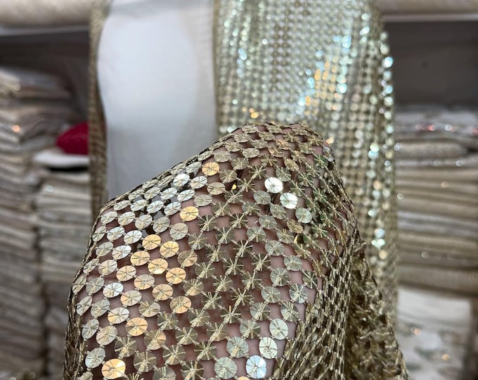 Featured listing image: Gold Sequin & Thread Work Fabric: Shimmering Bridal Gown Material