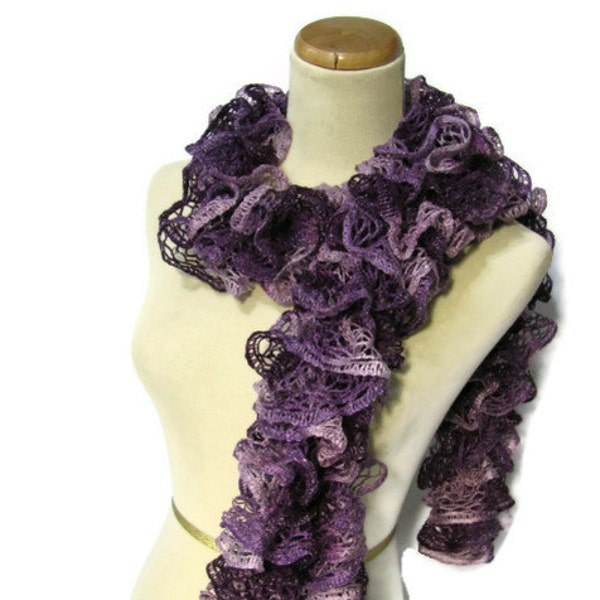Purple Scarf, Knit Scarf, Ruffle Scarf , Hand Knit Scarf