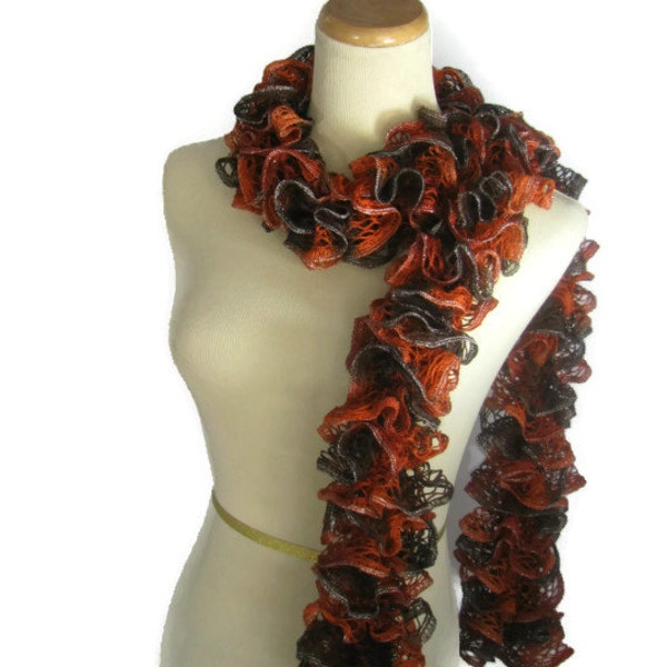 Hand Knit  Scarf Ruffle Scarf- Orange Scarf Rust Brown