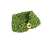 Sale Knit Headband, Ear Warmer, Green Headband, Fiber Art, Organic Cotton, Girls Headband, Head Wrap