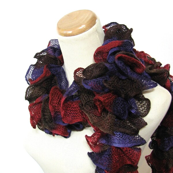 Ruffle Scarf, Knit Scarf, Gift Idea For Her, Fashion Accessory, Women Accessory, Hand knit Scarf, Red Purple Scarf, Fiber Art, Fashion Scarf