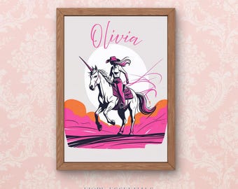 Personalized Cowgirl Riding a Unicorn Digital Wall Art | Custom Name Print | Western Fantasy Decor for Girls' Room or Nursery | Super Girl