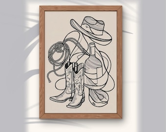 Cowgirl Boots and Wine Line Art – Western Minimalist Wall Print, Country Chic Digital Download, Rustic Wine Poster, Cowgirl Decor