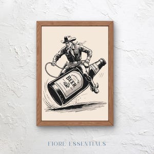 Dibujo de un vaquero montando una botella de cerveza: divertido arte de pared occidental, decoración de bar campestre, póster rústico de cerveza (descarga digital)