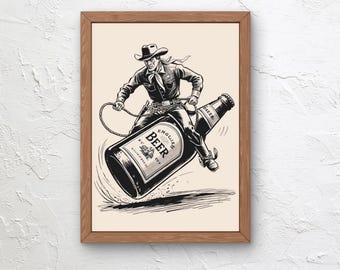 Cowboy Riding a Beer Bottle Sketch – Funny Western Wall Art, Country Bar Decor, Rustic Beer Poster – Digital Download