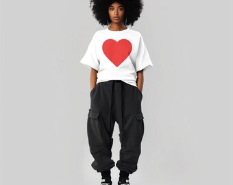 Red Heart Graphic Tee – Minimalist Love Shirt in Soft Neutral Tone