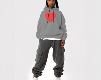 Oversized Hoodie with Bold Red Heart Graphic - Cozy Minimalist Streetwear Sweatshirt