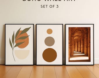 Boho Wall Art Set of 3 – Abstract Minimalist Prints | Terracotta Beige Green | Digital Download for Modern Home Decor