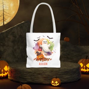 Personalized Kids Trick or Treat Bag: Ghost & Pumpkin Halloween Tote