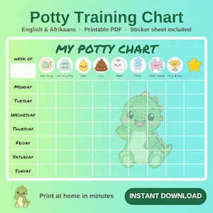 Könnte beinhalten: Ein Töpfchen-Trainingsdiagramm mit grün-blauem Farbverlauf, beschriftet mit Potty Training Chart und My Potty Chart. Es enthält ein Raster, einen Zeichentrick-Dinosaurier und Symbole für Schritte wie Pipi, Kacka und Händewaschen.