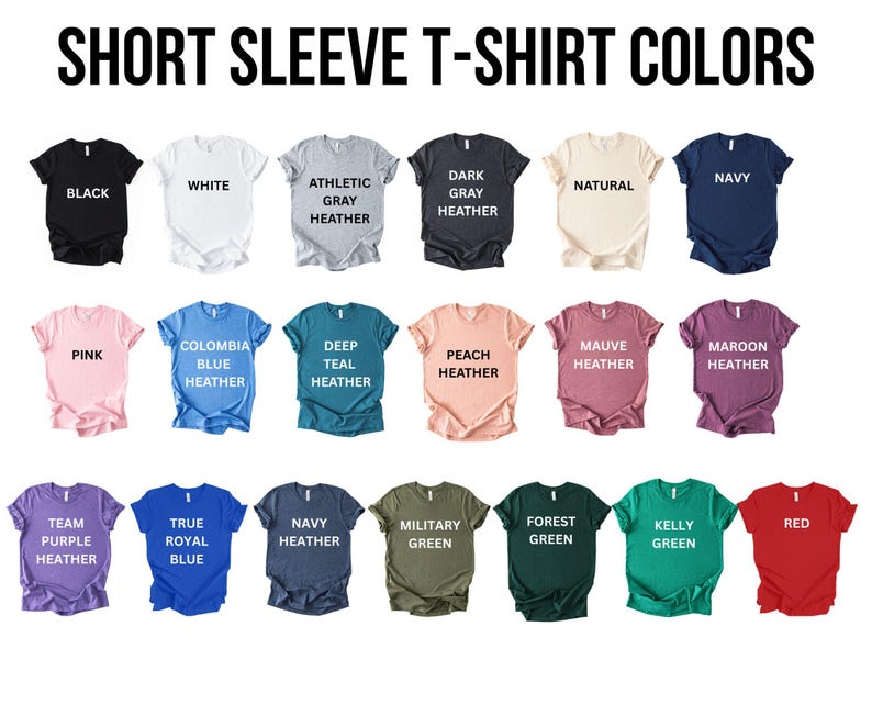 a collection of short sleeve t-shirt colors, including black, white, gray, beige, navy, pink, blue, teal, peach, maroon, and green.