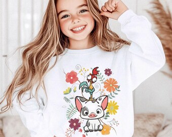 Kids Pua and Hei Hei Sweatshirt and Shirts, Cute Moana Pig and Rooster Tee, Floral Disney Inspired Sweatshirt, Tropical Cartoon Animal Top