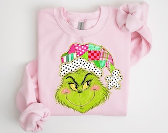 Green Christmas Character Shirt, Festive Holiday Sweatshirt, Colorful Santa Hat Hoodie, Whimsical Xmas Crewneck, Faux Glitter Gift