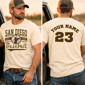 Custom Name & Number San Diego Baseball Shirt, Personalized Brown Gold Jersey Style Tee, SD Fan Apparel for Men Women Kids
