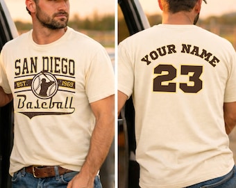 Custom Name & Number San Diego Baseball Shirt, Personalized Brown Gold Jersey Style Tee, SD Fan Apparel for Men Women Kids
