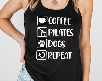 Coffee Pilates Dogs Repeat Shirt, Pilates Lover Tee, Dog Mom Workout Shirt, Funny Fitness Sweatshirt, Gym Girl Gift