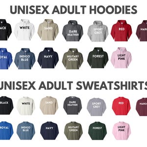 a collection of unisex adult hoodies and sweatshirts in various colors and styles, arranged in two rows.